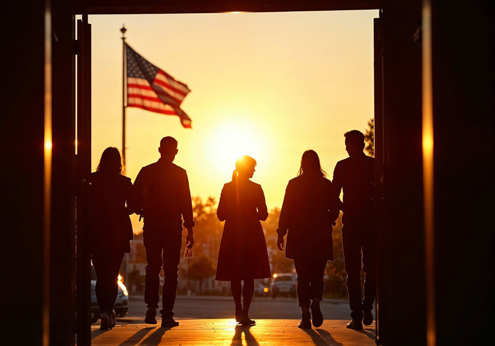 citizens gather under a flag at sunset